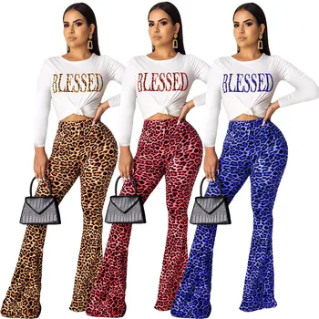 

Woman Suit Autumn Fashion Casual Letter Leopard Print Long Sleeve Flare Pants Set Roupas Feminina Two Piece Set Top and Pants