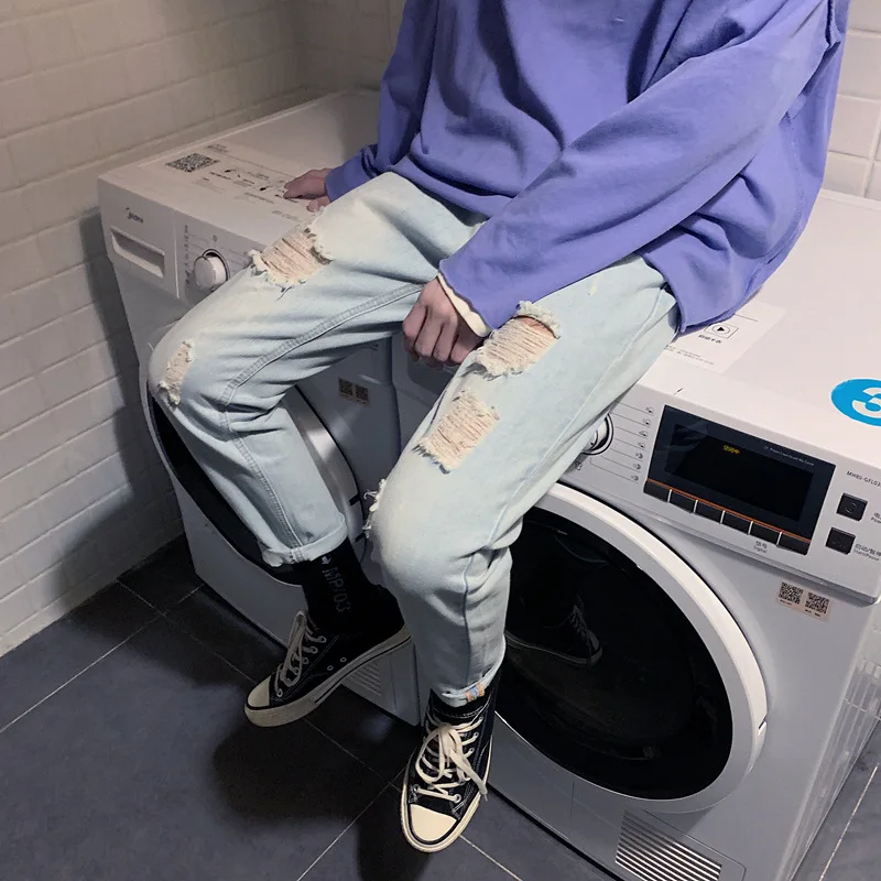 Men's Ripped Jeans  Streetwear Korean Straight Denim Pants Fashion Hip Hop BIG SIZE Loose Trousers Male Harajuku Casual Clothes 1