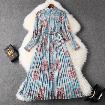 

Women shirt dress new 2020 spring summer baroque print blouson sleeve sashes elastic waist elegant midi dresses pink blue