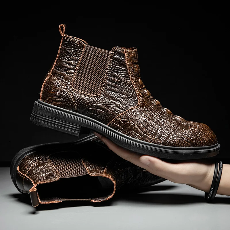 

Men's leather crocodile pattern high-top shoes, men's business casual shoes, fashion outdoor Martin boots