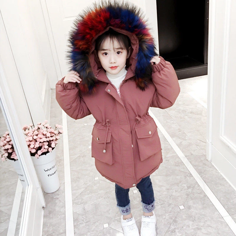 Fashion Children Winter down cotton Jacket Girl clothes Kids Warm Thick fur clothing Hooded long Coat For Teenage 4Y-13Y - Цвет: solid-red