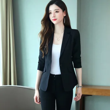 

Women's single coat 2019 autumn new fashion casual temperament Slim solid color single buckle small suit women's shirt