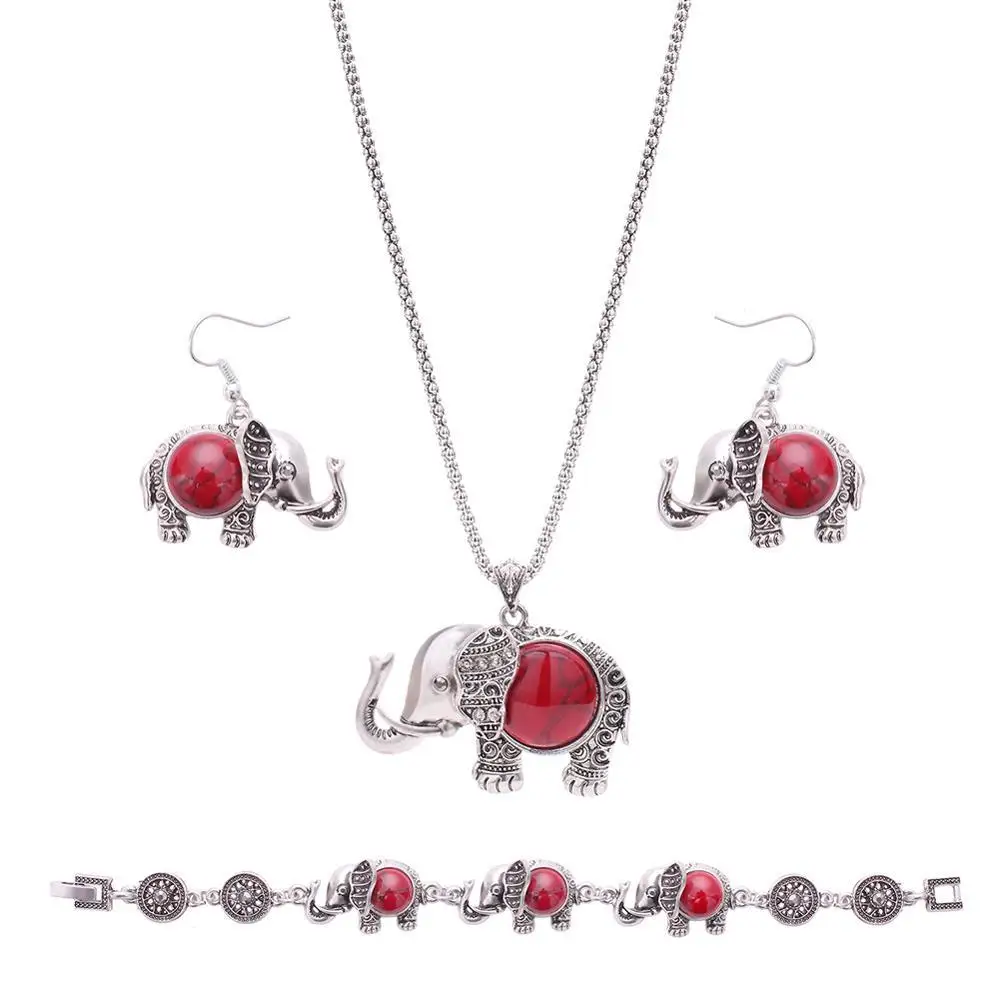 Jewellery Women Vintage Silver Ethnic Elephant Turquoisie Elegant Boho Pendant Necklace Set Earring Bracelet Jewelry Sets