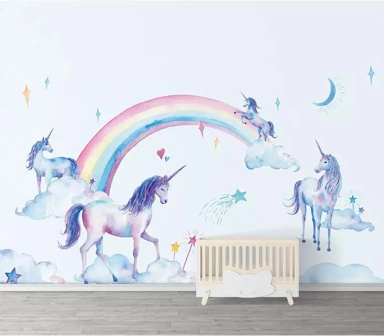 CJSIR Customize Wallpaper Mural Fresh Watercolor Hand Painted Tianma Rainbow Unicorn Children Background Wall 3d Decor | Обустройство