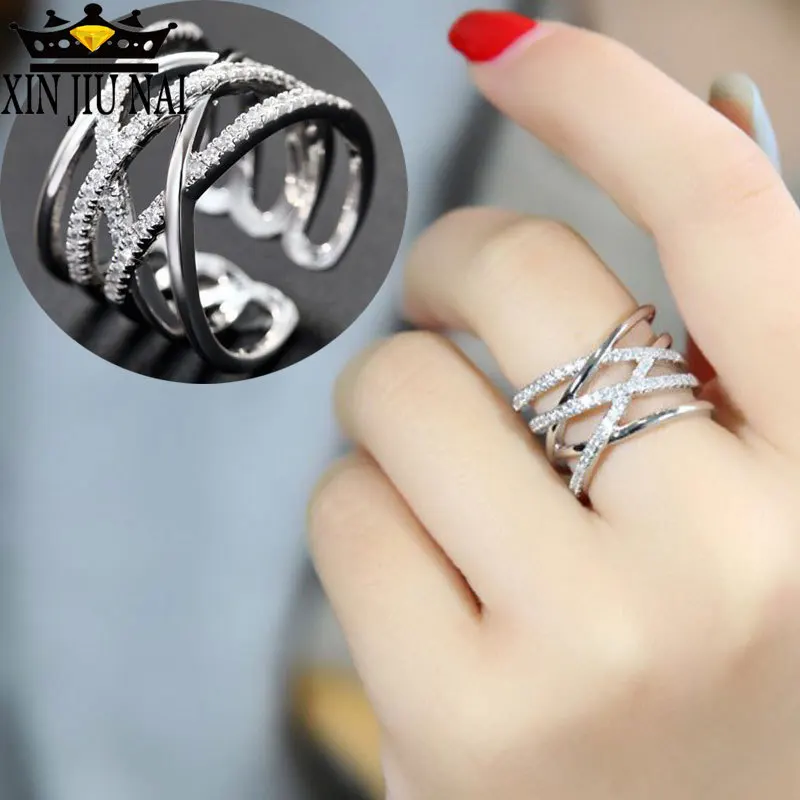 Luxury Silver cubic zirconia Austrian Crystal Weave Open Rings fashion adjustable ring for Women Wedding Band Jewelry Gifts | Украшения и
