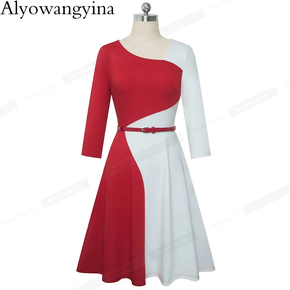 Alyowangyina, вечерние, расклешенные, а-силуэт, женские, Свинг, элегантные, 1950 s, Ретро стиль, контрастные цвета, пэчворк, зимние, vestidos, деловое платье, RA178