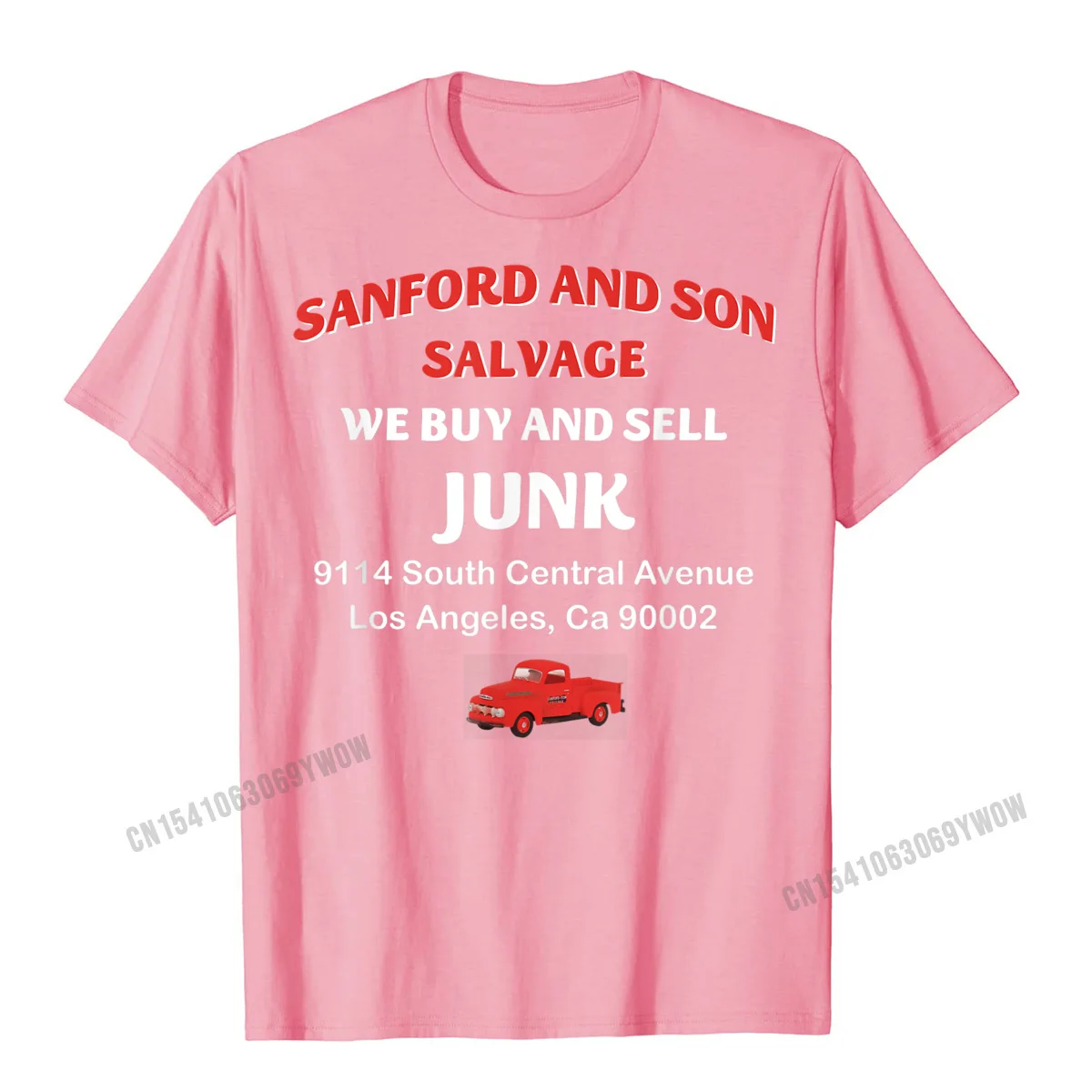 Family Pure Cotton Tshirts for Men Short Sleeve Geek Tops Shirt Fitted Summer Fall Round Collar Tee Shirts Party We buy and sell junk car Son in Sanford City funny meme T-Shirt__1018 pink