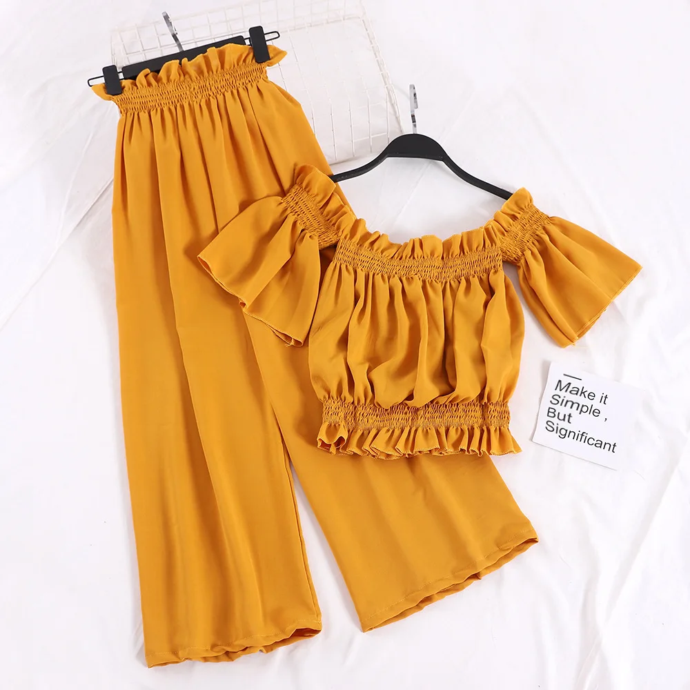 

New Style Late Evening Breeze Playful Online Celebrity Two-Piece Set Retro A- line Exposed Shoulder Goddess-Style Loose Pants Fe