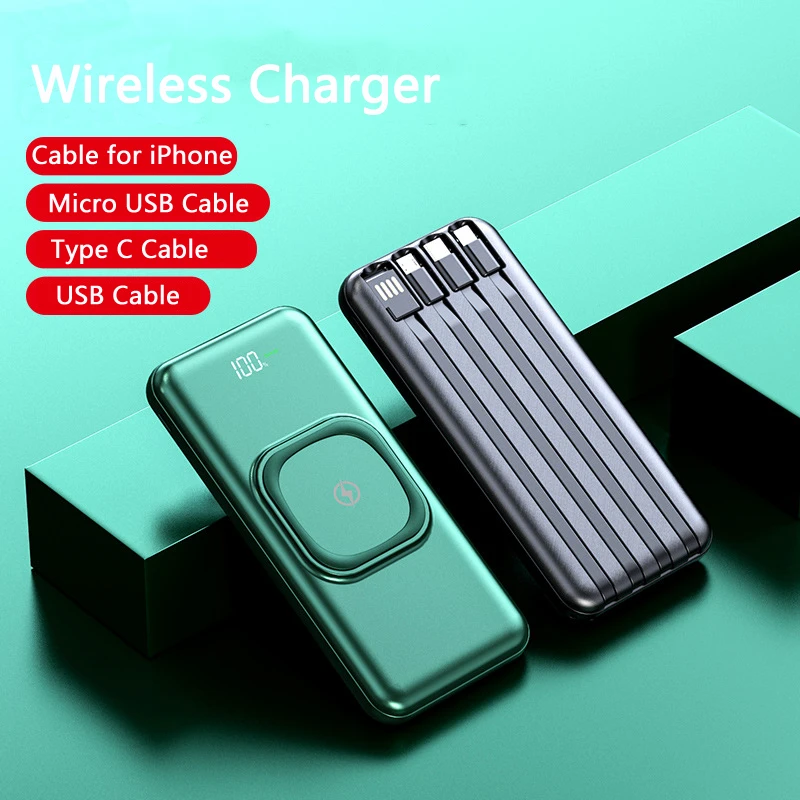 

Qi Wireless Power Bank with Cable Portable Charger Powerbank for iPhone 12 Samsung S20 Xiaomi 10000 mAh 20000mAh