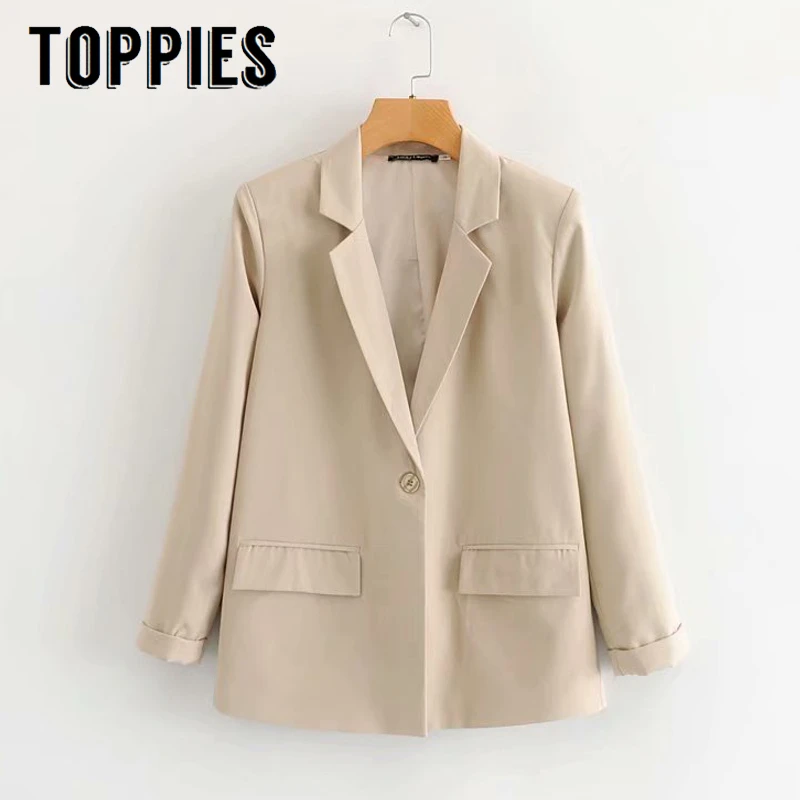 

2019 Autumn Khaki Suit Jacket Women Loose Coat Office Notched Collar Single Button Jacket veste blazer femme