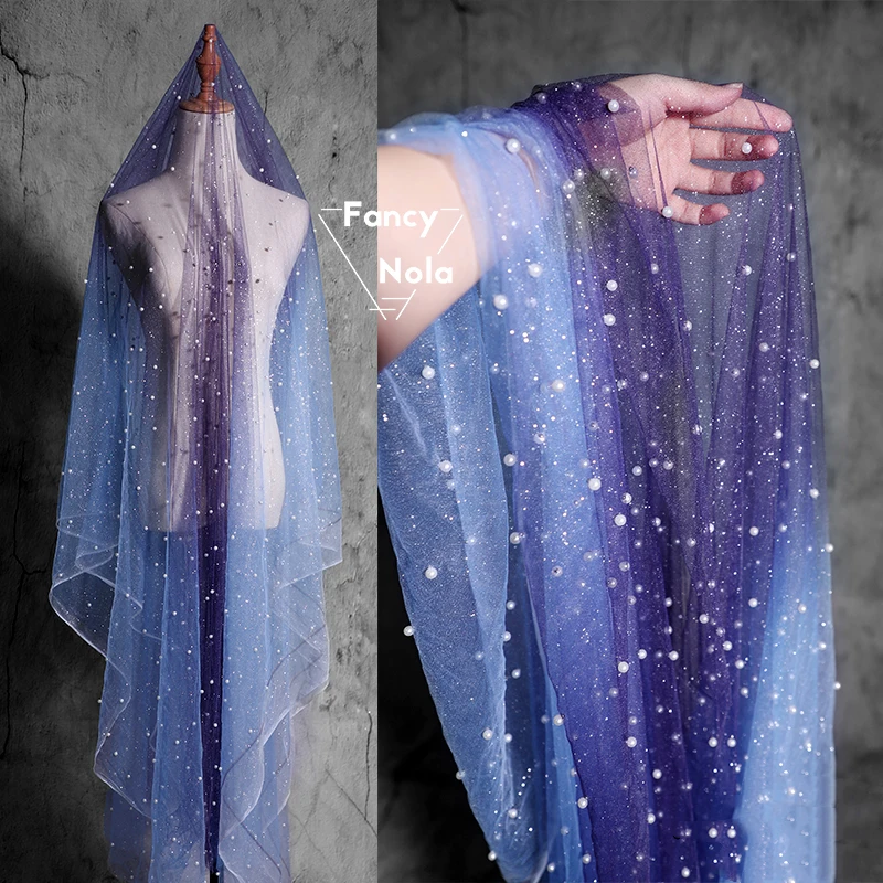 Fantasy Gradient Starry Blue Purple Gauze Dusting Perspectival Nail Beaded Tulle dress gown DIY designer fabric FG006