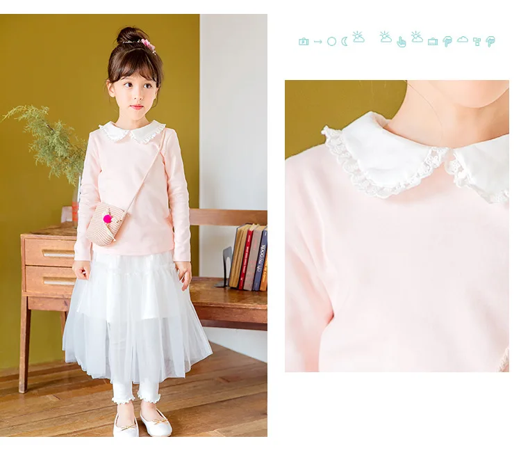 Back To School Clothing Peter Pan Collar Cotton Girls Tops Kids T Shirts Girl Yellow Pink Big Girl Tshirt Children Autumn