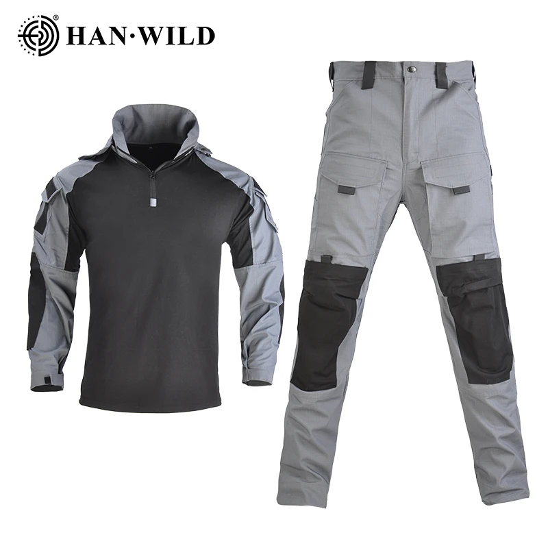 HAN WILD Hooded Tactical Suit Camo Uniform Military Shirt + Pants Army CS Shooting Training Combat Sport Hiking Shirts with Pads