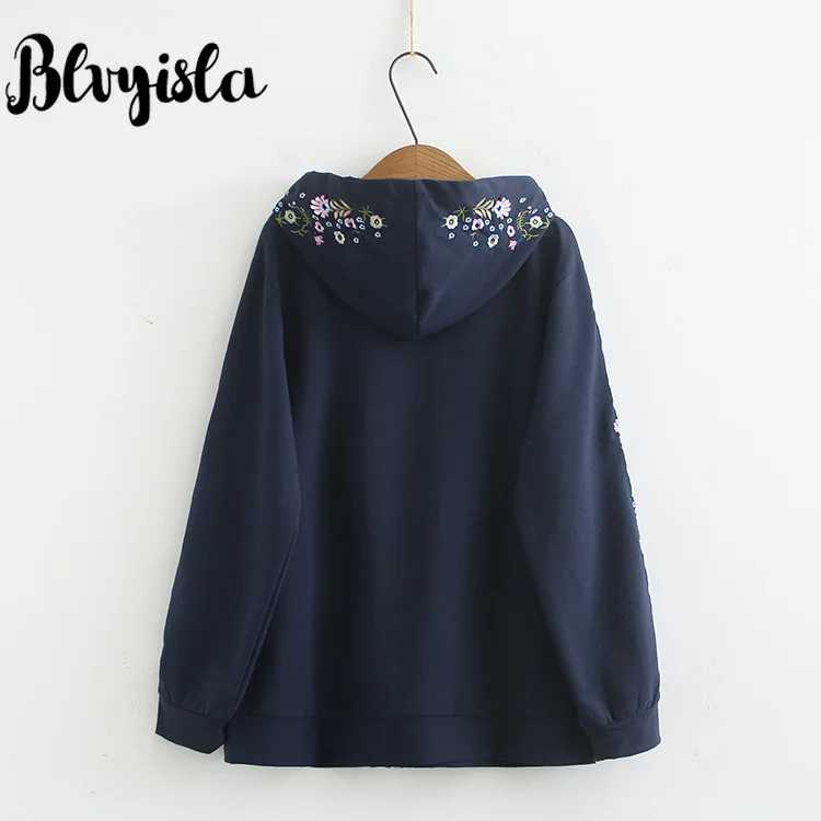 Blvyisla 4XL Этническая Цветочная вышивка Толстовка большая женская осенне-зимняя толстовка с капюшоном пальто на молнии шикарная уличная одежда