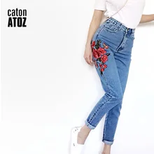 CatonATOZ 2121 женские джинсы с высокой талией для мам с вышитыми цветами Boyfriend, джинсовые брюки, джинсы для женщин