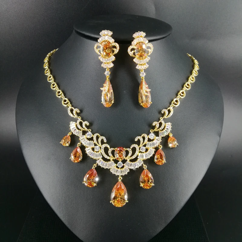

2019 new fashion luxury retro champagne CZ zircon golden necklace earring sets wedding bridal banquet formal dinner jewelry set
