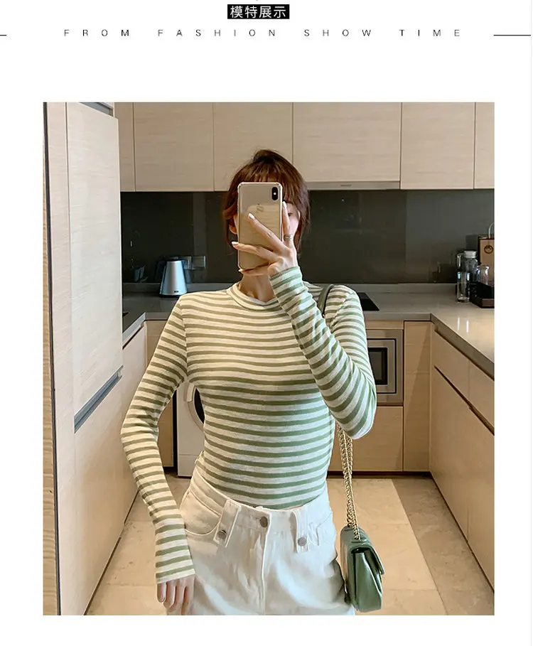 BOBOKATEER Winter Long Sleeve T shirt Women Tshirt Vintage Stripe Shirt Clothes Women Tops Stretch Cotton Tee Shirt Spring