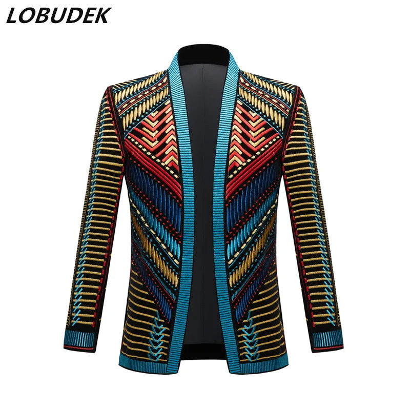 

Luxury Embroidery Cardigan Blazer Tuxedo Men Shawl Lapel Slim Stripes Suit Jackets Male Party Prom Wedding Coat Singer Costume