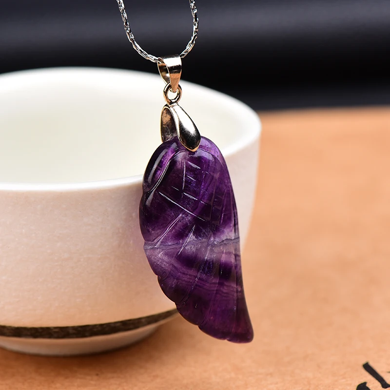 Fashion Simple Natural Amethyst Color Fluorite Angel Wing Pendant Hand Polished Increase Lovers Charm Necklace DIY Gift | Дом и сад