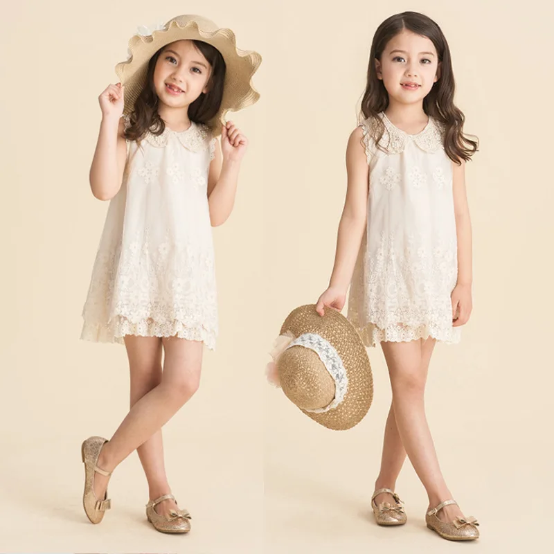 

South Korea Origional Foreign Trade Children Shirt 15 Summer Wear New Style Girls Lace Pearl Flower Collar Vest Skirt Foreign Tr