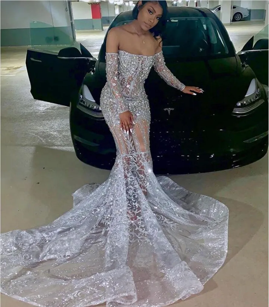 Luxury Crystal Silver Mermaid Prom 