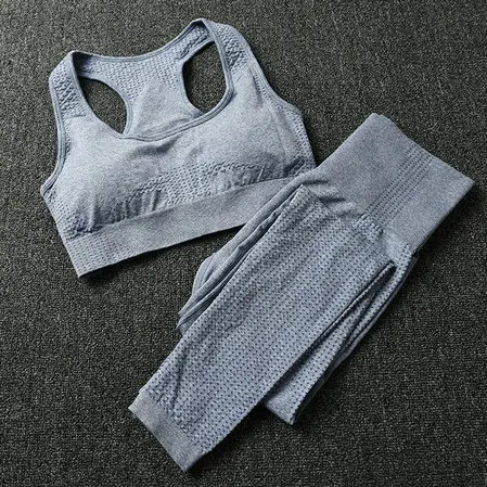 Gray Bra 2Pcs Женский бесшовный комплект для йоги, колготки, мягкий спортивный бюстгальтер пуш-ап+ укороченный топ с длинными рукавами+ леггинсы для фитнеса с высокой талией, спортивный костюм для фитнеса - Цвет: Gray Bra 2Pcs