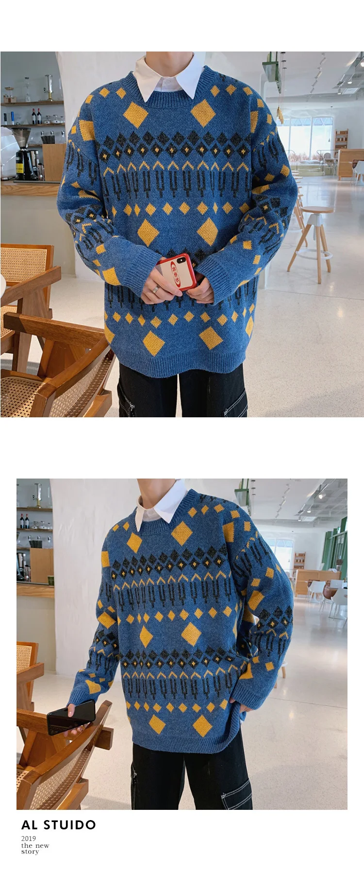 Осенний свитер мужской модный ретро контрастный цветной вязаный пуловер с круглым вырезом мужской уличная дикая свободная теплая пара свитер мужской