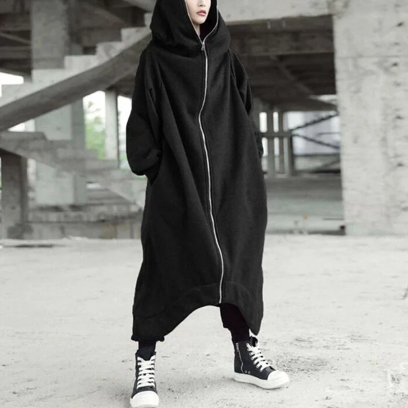 

Autumn & Winter Women coat Hooded tops warm thicked pockets Zipper Long Velvet Coat Irregular cool streetwear club hoodies lady