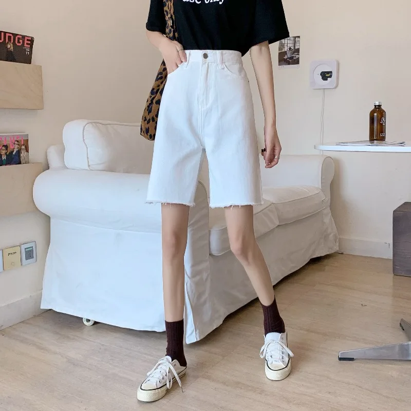 High Waist Denim Shorts Women Half Long Summer Plus Size Pocket Streetwear Ripped jeans Short Female Femme Short Pants Women