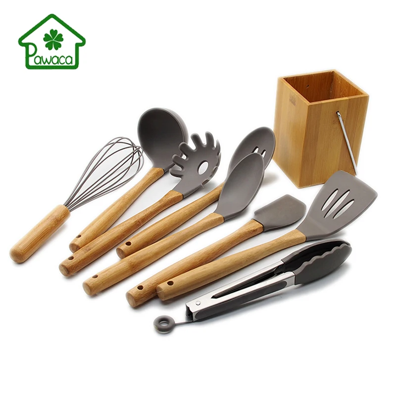

9Pcs Kitchen Nonstick Silicone Kitchenware Utensils Set Bamboo Handle Spatula Food Clip Egg Beater Cooking Utensil Set Organizer