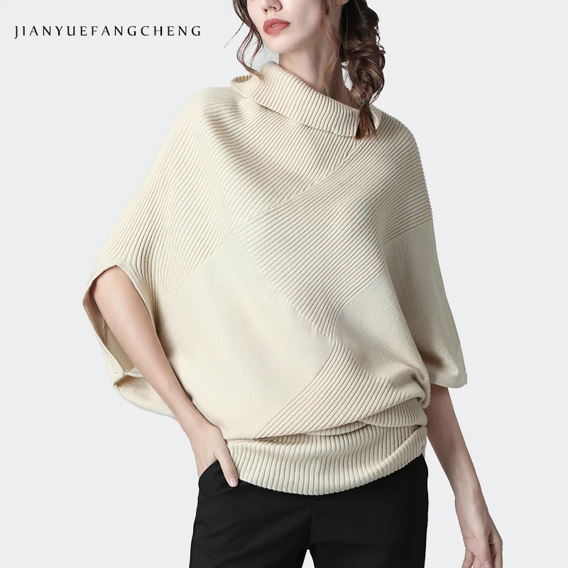 

Women Sweater Elegant Bat Sleeved Turn-down Collar Striped Knitted Sweaters Lazy Style Loose Plus Size Streetwear Lady Pullover