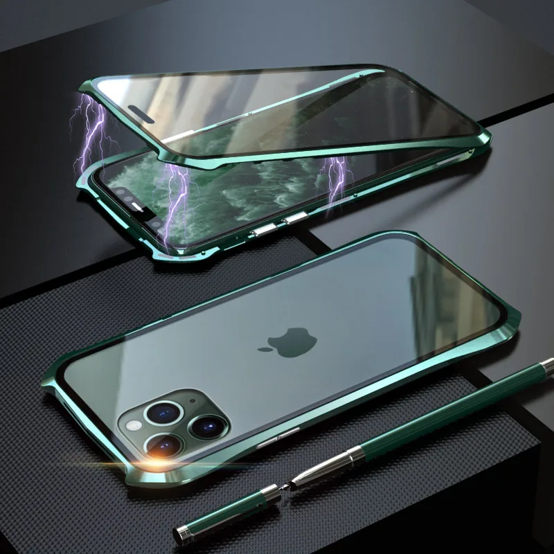 Магнитный чехол для iphone 11 Pro Max Чехол передняя задняя прозрачная стеклянная крышка летучая мышь металлический бампер 360 для iphone 11 Pro роскошные чехлы - Цвет: green