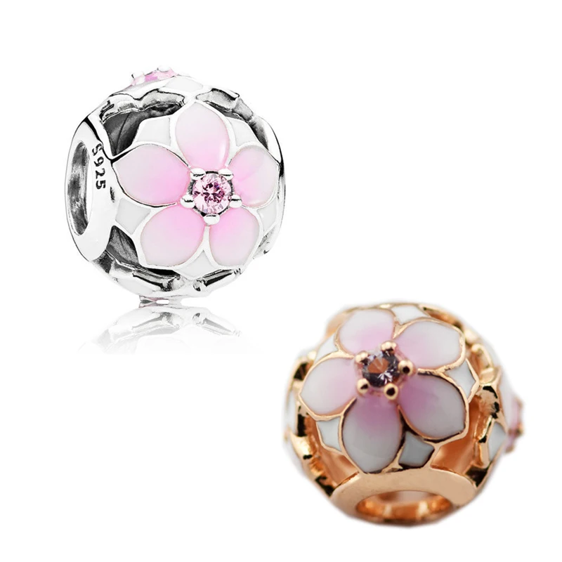 

925 Sterling Silver Beads for Jewelry Making Pink Enamel Flowers Openwork Crystal Beads for Charm Bracelet Rose Golden Jewelry
