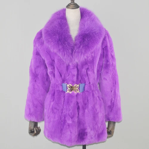 purple Настоящий мех кролика пальто длинное Стильное женское натуральная куртка с мехом кролика рекс с большим лисьим меховым воротником мех кролика рекс пальто - Цвет: purple