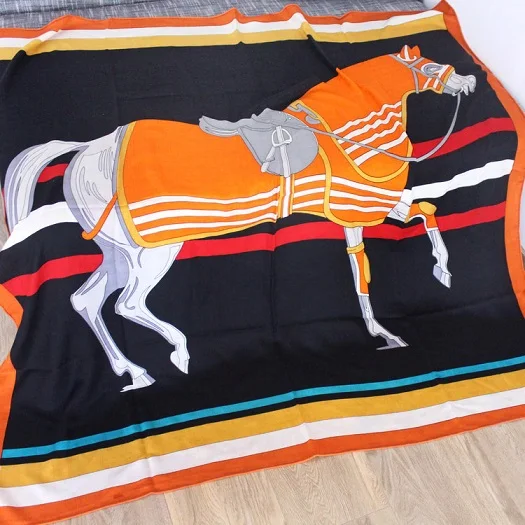 Оранжевый шарф с рисунком лошади, женские шарфы из чистого шелка и кашемира, большие квадратные женские шали, женские зимние шали из пашмины 140*140 см - Цвет: Черный