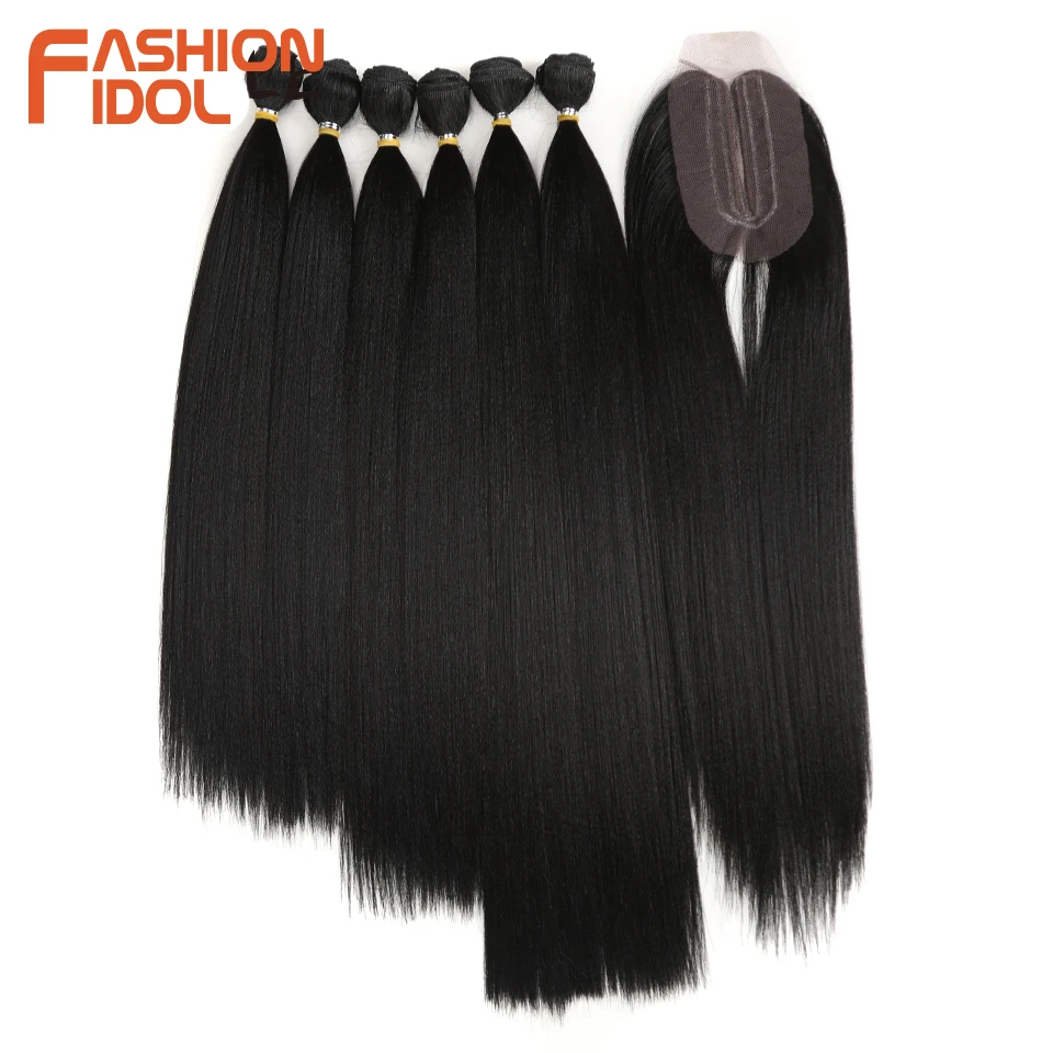 FASHION IDOL Yaki Straight Hair Bundles 7Pcs/Pack 16-20inch Ombre 613# Synthetic Hair Bundles With Closure Weave Hair Extension