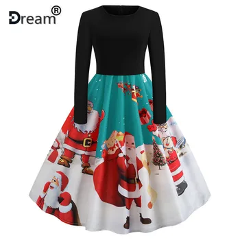 

Women Santa Christmas Dress Winter Long Sleeve Xmas Swing Vintage Dresses Elegant Print Midi Party Dress Plus Size Pin Up