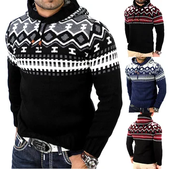 

2019 Men's Fashion Contrast Color Sweater Stitching Personality Hooded Slim Sweater Male Autumn Winter Wool Sweater Hoodies