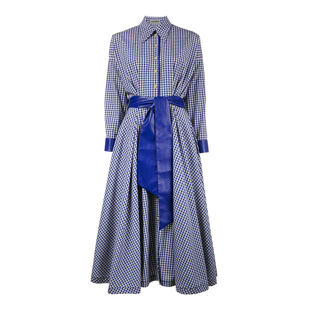 

Spring 2020 Women Clothes Elegant Plus Size Plaid Long Sleeve Belted Shirt Maxi Dresses Casual Blue Office Long Work Dress Lady