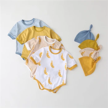 

New Arrival Baby Clothes Banana Printed Newborn Rompers Baby Short Sleeve Overalls Todder Triangle Robe cap set 2pcs