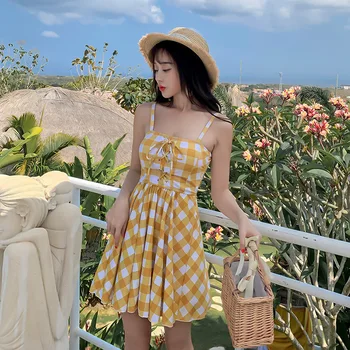 

One-Piece Korean Vintage Swimsuit Wetsuit One Piece Suits 2020 New Sexy Swimsuits With Skirt Plaid Split Leggings Swimwear