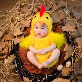 

Yellow Chicken Baby Clothes Newborn Photography Props Infant Hats Jumpsuit 2pcs Clothing Set Costume DIY Photo Shoot Props