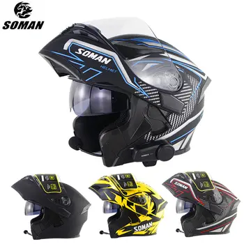 SOMAN-Casco abatible hacia arriba con Bluetooth, doble lente, para motocicleta, integral, negro, Cascos de motocicleta Modular