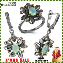DreamCarnival1989, винтажные цветочные кольца+ серьги для женщин, для свадебной вечеринки, имитация голубого опалового камня, черные готические ювелирные изделия ER3890S2