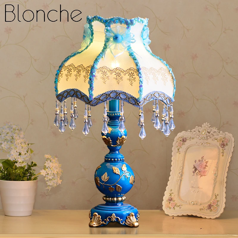 Blonche European Luxury Table Lamp Modern Lights for Bedroom Bedside Living Room Home Decor Lighting Blue Cloth Fixtures | Лампы и