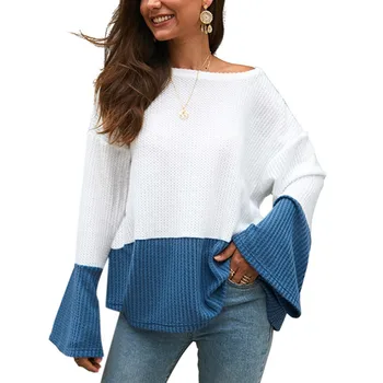 

Women Color Matching Knitting Sweaters Bell Long Sleeve Winter Autumn Sweater Round Neck Loose Casual Patchwork Sweater