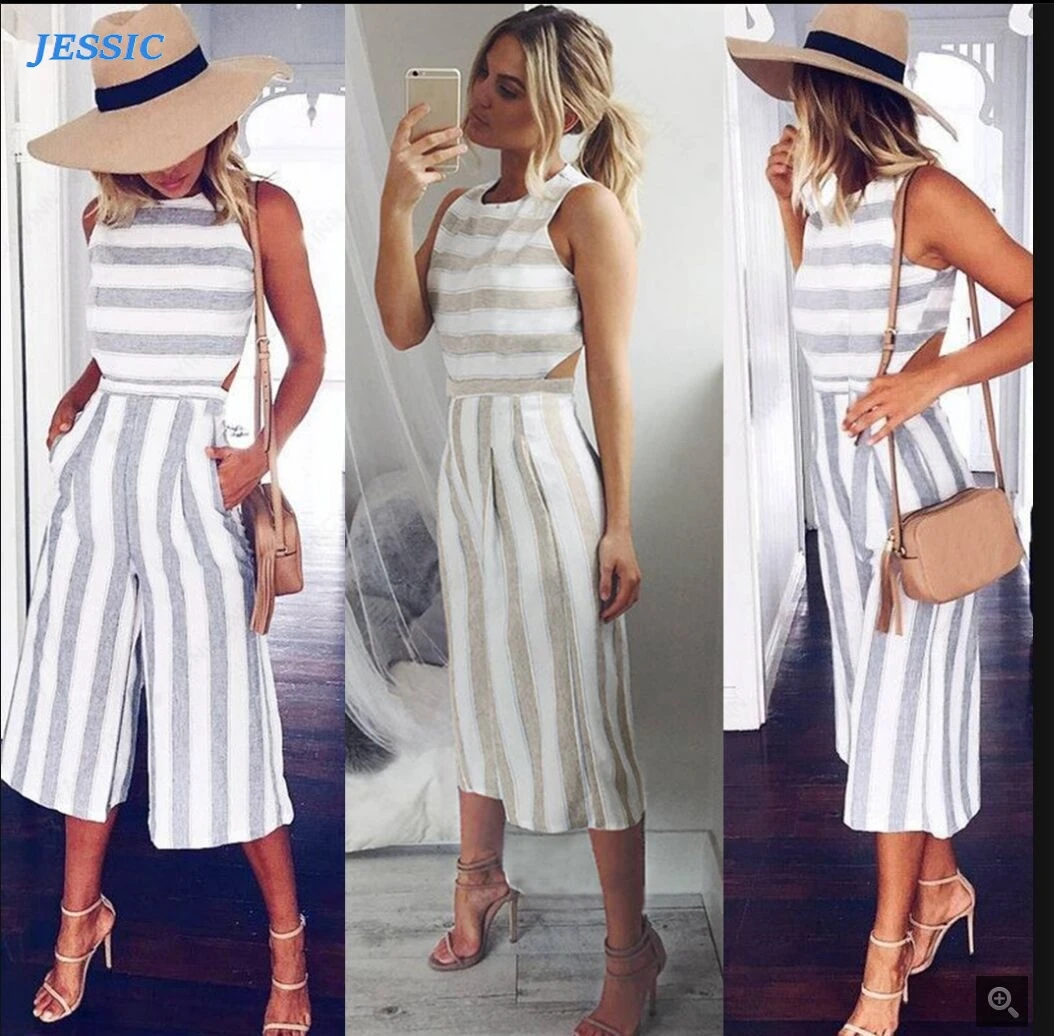 

JESSIC Ladies Siamese Backless Loose Wide Legs 7-point Cotton Hemp Jumpsuit