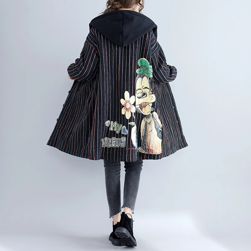 Kawaii/Хлопковые полосатые Harajuku куртка с капюшоном длинное пальто с героями мультфильмов; парка Print Для женщин для женщин; Большие размеры Верхняя одежда Пальто 4XL 5XL