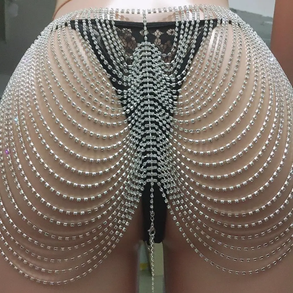 Glamorous women fashion luxury women sexy waist chain shiny crystal nightclub body jewelry thong Halloween party