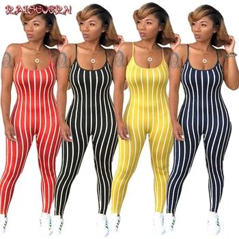 

Sexy Women Striped Summer Jumpsuit Sleeveless Strappy High Waist Ladies Clubwear Deep V Neck Playsuit Bodycon Party Jumpsuit